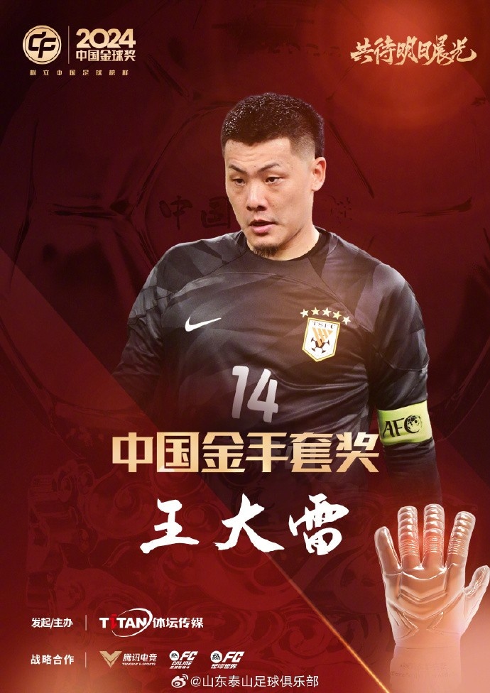  王大雷榮獲中國金手套獎，謝文能入選中國金球獎候選人前三名