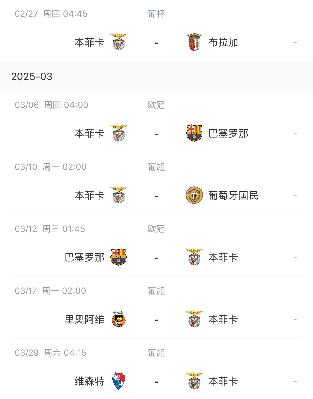  讓路歐冠！本菲卡戰(zhàn)巴薩首回合比賽前的葡超比賽推遲進行