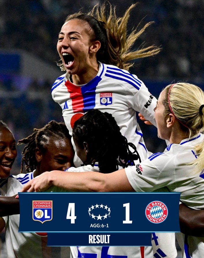  里昂女足4-1大勝拜仁女足，總比分6-1晉級(jí)女足歐冠半決賽