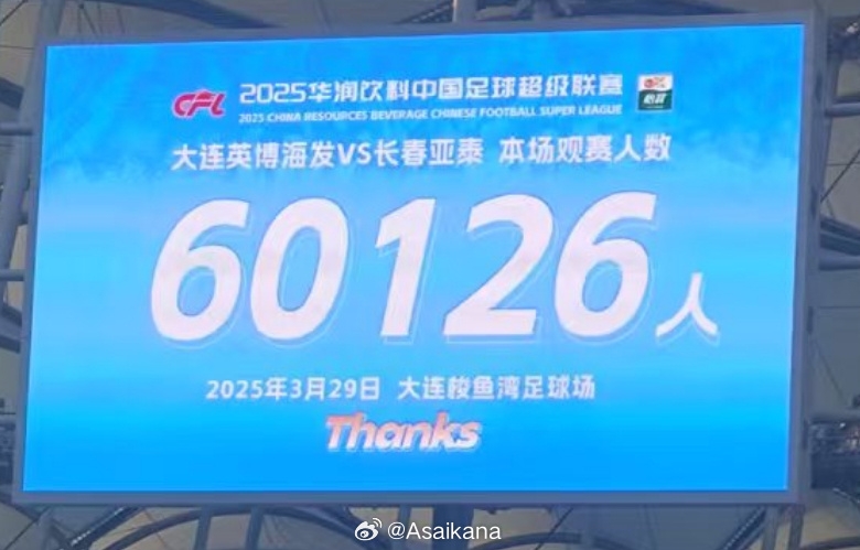  中超歷史第二！英博首個中超主場觀眾60126名 僅次2012年南京奧體