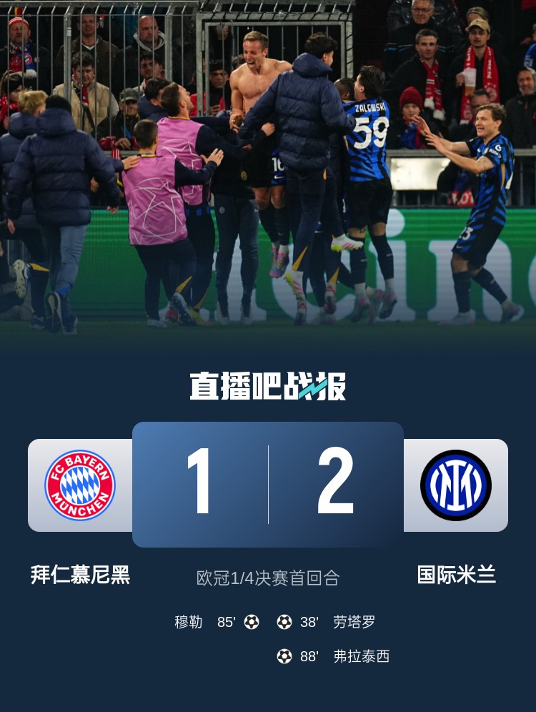  2-1占得先機(jī)！國米送給拜仁4年來歐冠主場(chǎng)首敗